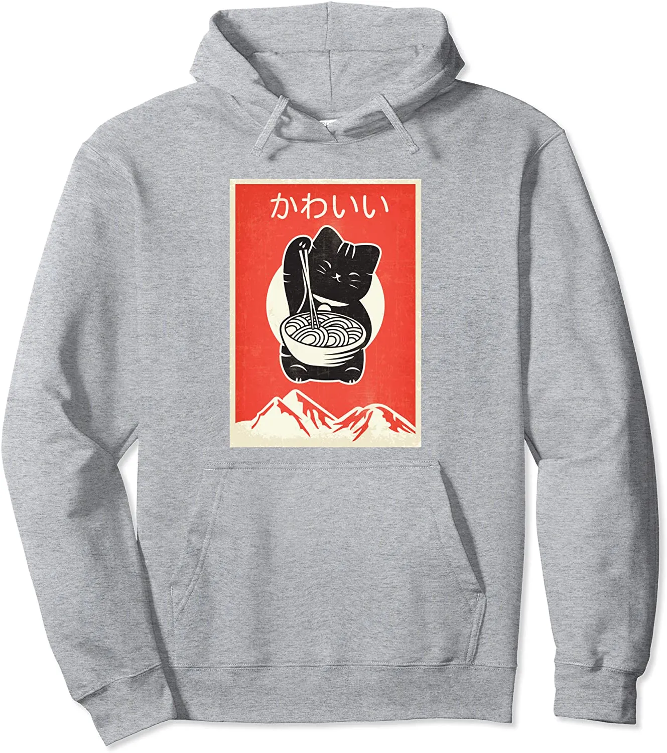 Vintage Kawaii Anime Cat eating Ramen Retro Japanese Style Pullover Hoodie