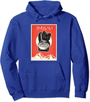 Vintage Kawaii Anime Cat eating Ramen Retro Japanese Style Pullover Hoodie