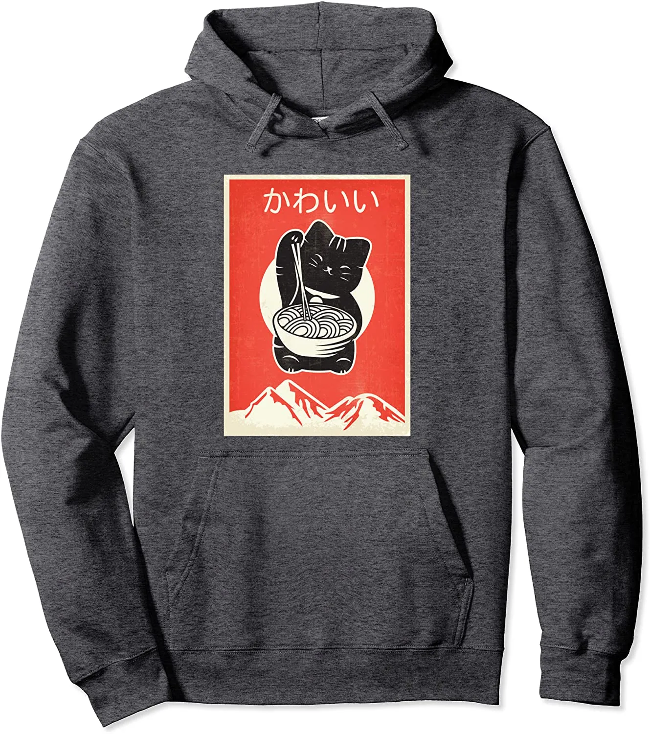 Vintage Kawaii Anime Cat eating Ramen Retro Japanese Style Pullover Hoodie
