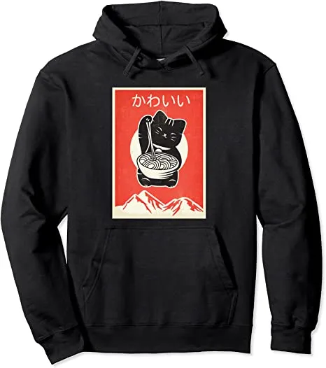 Vintage Kawaii Anime Cat eating Ramen Retro Japanese Style Pullover Hoodie